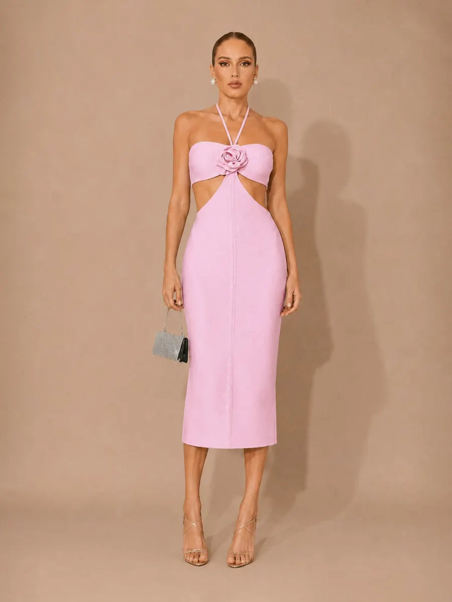 Melina 3D Floral Cut-Out Halter Midi Dress