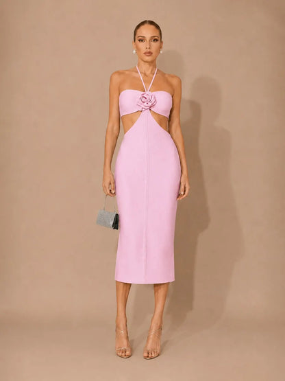 Melina 3D Floral Cut-Out Halter Midi Dress