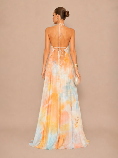 Isadora Printed Mesh Halter-Neck Open-Back Maxi Dress