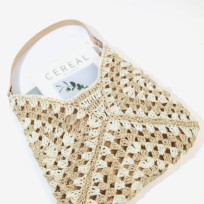Paper Rope Woven Beach Bag with Block Design