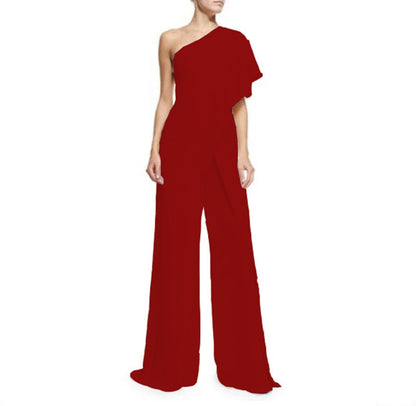 Solid Color One Shoulder Wide Leg Pants Jumpsuit