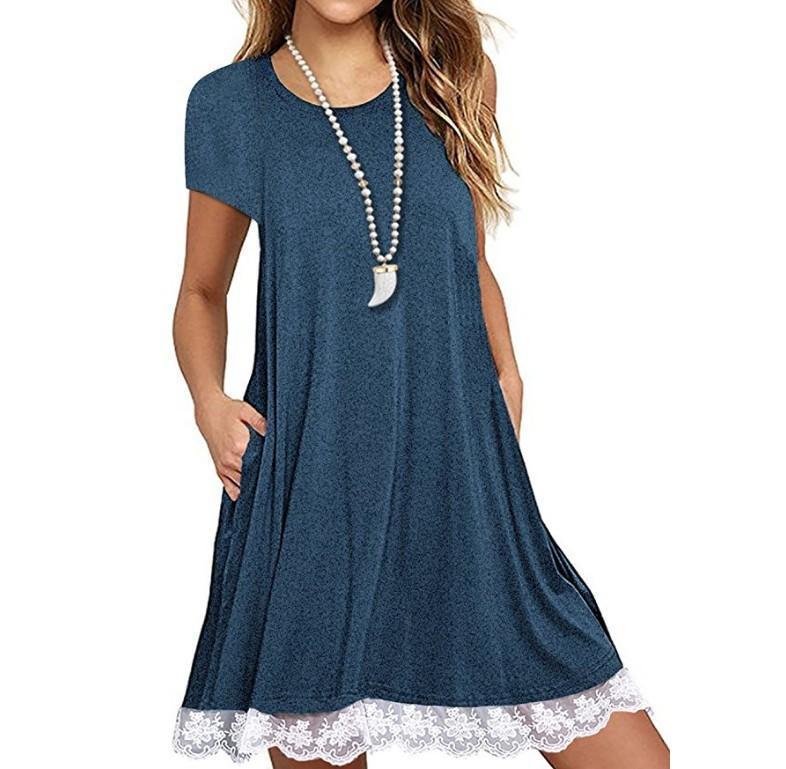 Explosions Lace Stitching Crew Neck Short Sleeve Large Size Dress