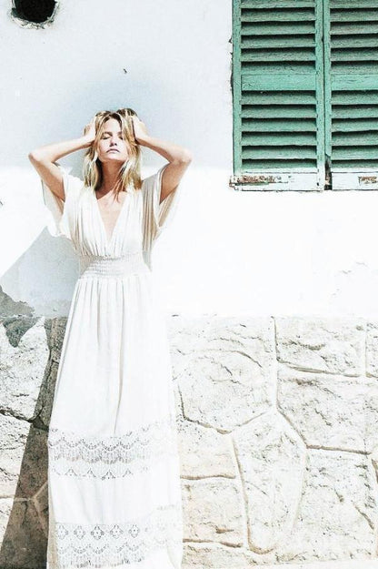 Bohemia V-Neck Stitching Lace Cover-Up Beach Dress
