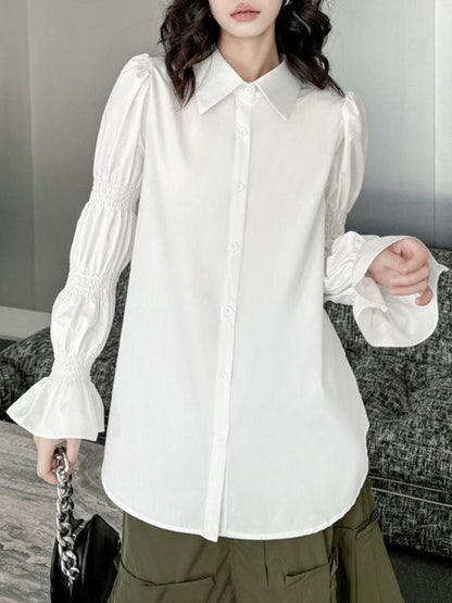 Puff Sleeves Pleated Solid Color Split-Joint Lapel Blouses