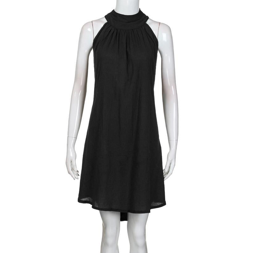 Summer Women'S Popular Round Neck Pleated Cotton Linen Vest Dress
