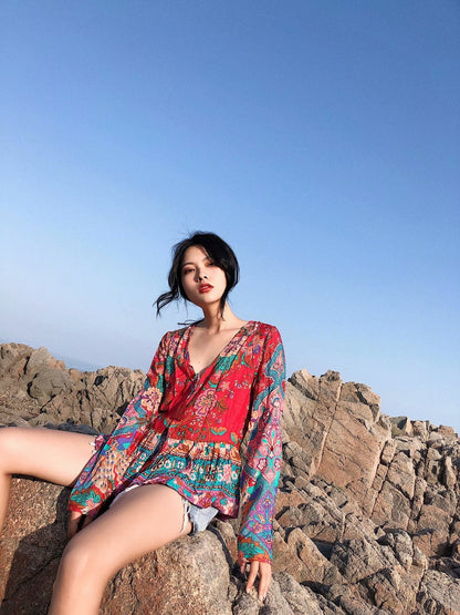 Floral Loose Long Sleeves Lace Up Blouses Shirt Bohemian Tops