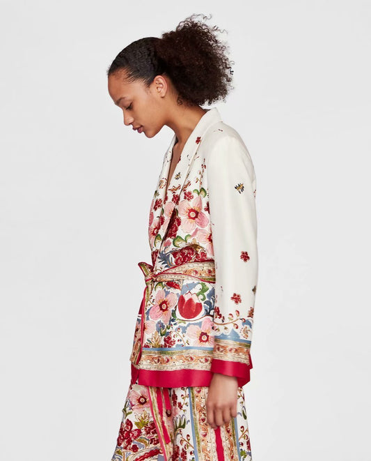 Summer Bohemia Fashion Belt Printing Long Sleeve Casual V-Neck Coat