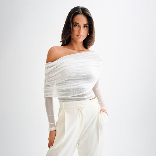 Mesh Insert See Through Pleated Off Shoulder T Shirt