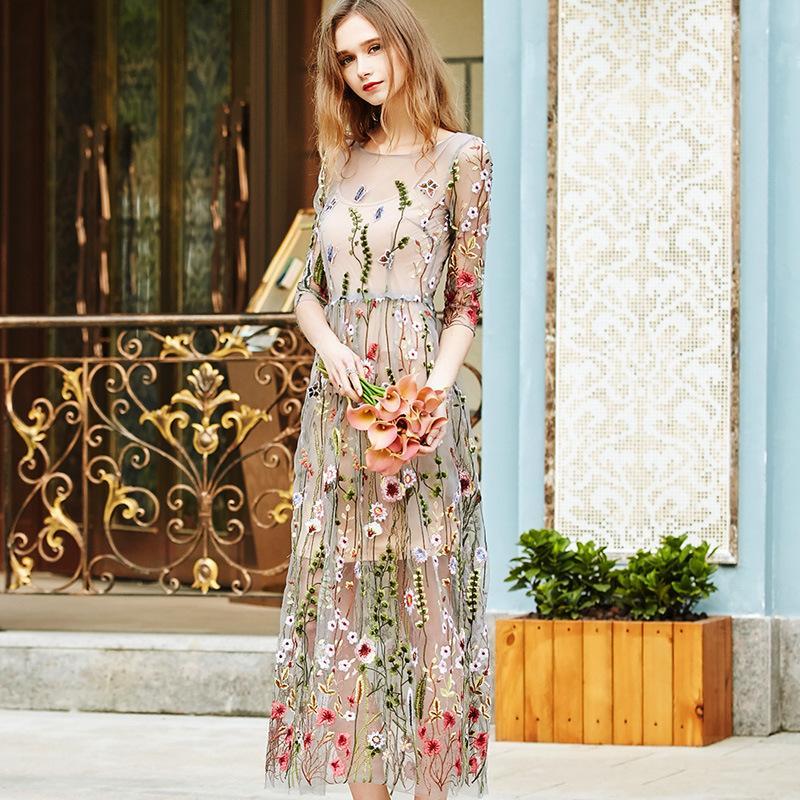 Seaside Holiday Beach Vintage Embroidered Mesh Dress