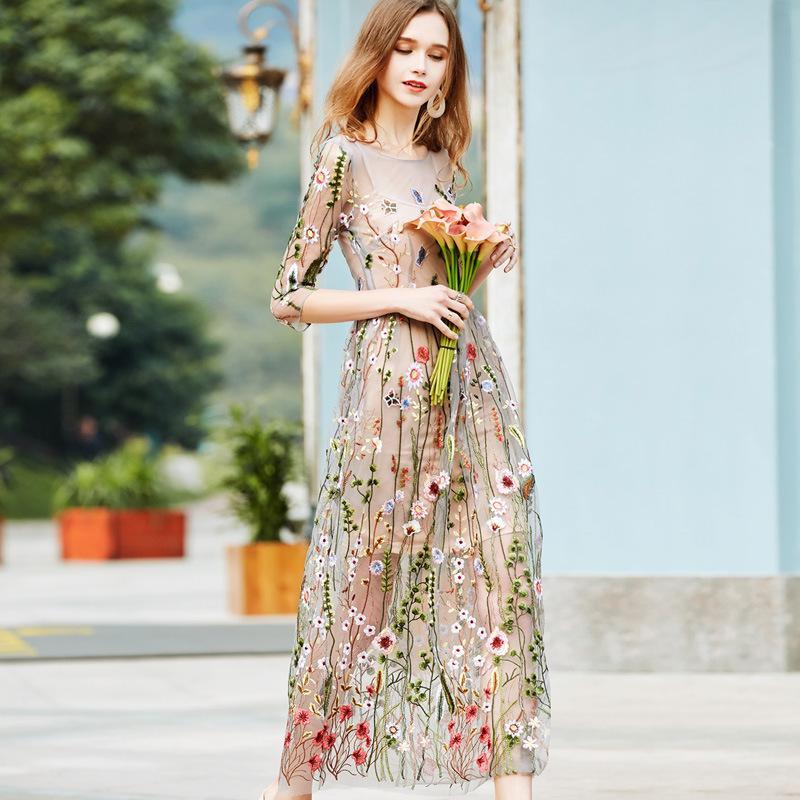Seaside Holiday Beach Vintage Embroidered Mesh Dress