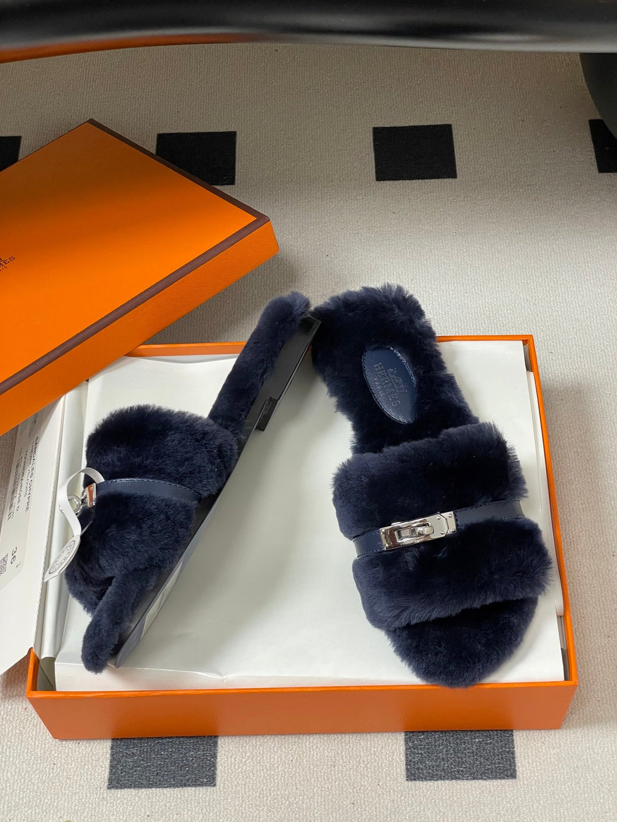 Hermes Giulia Kelly Buckle H-Slippers Navy Blue in Wool 594324