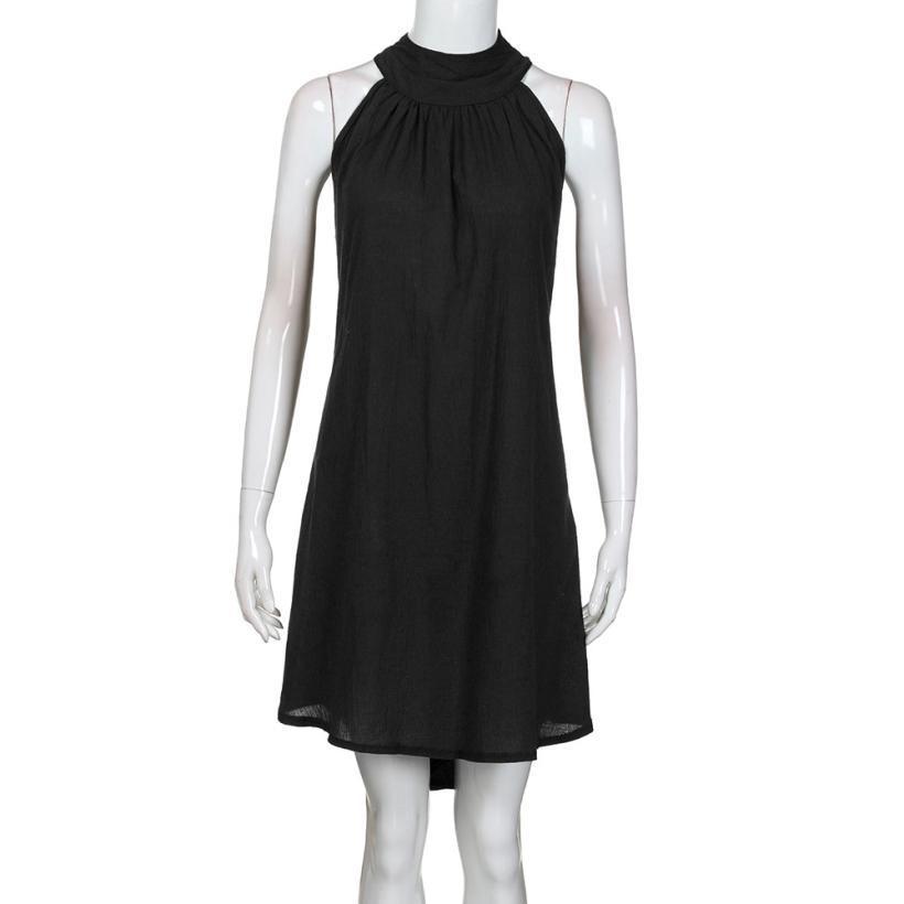 Summer Women'S Popular Round Neck Pleated Cotton Linen Vest Dress