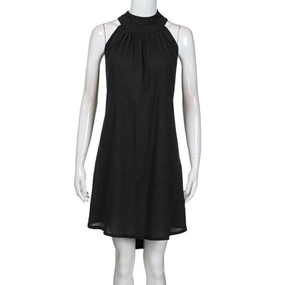 Summer Women'S Popular Round Neck Pleated Cotton Linen Vest Dress