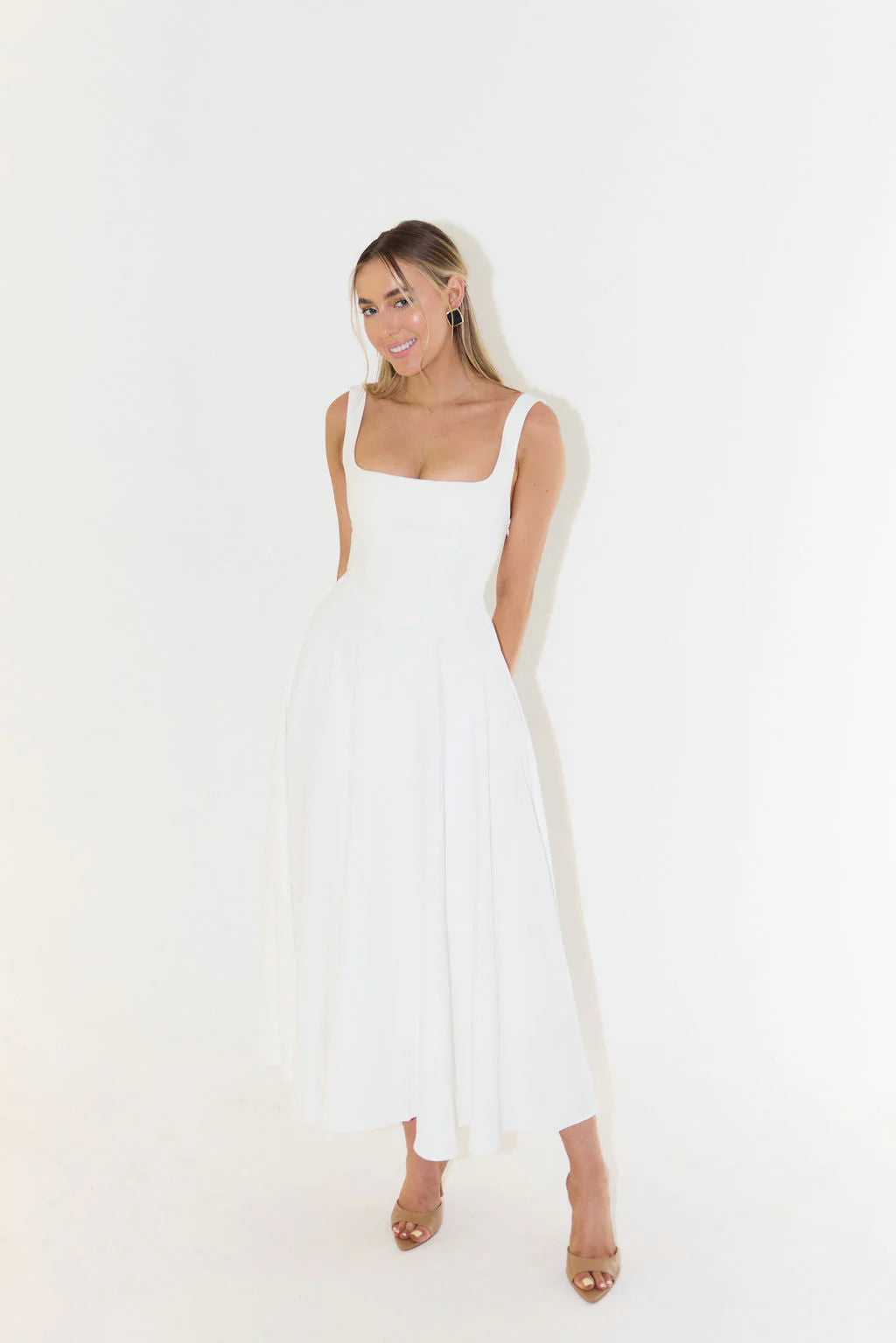 Square Neck Midi Dress Lightweight Knit Fabric