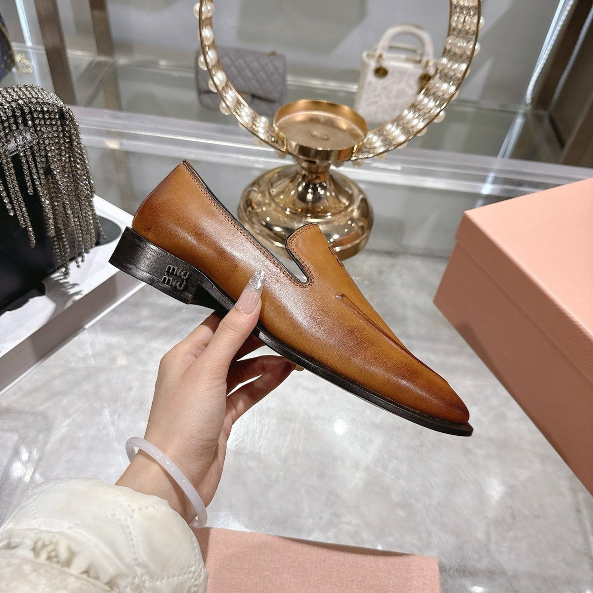 Miu Distressed Loafers Camel Brown Cowhide 592055