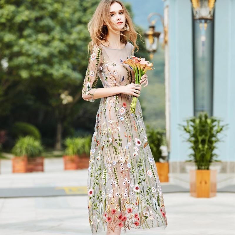 Seaside Holiday Beach Vintage Embroidered Mesh Dress
