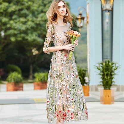 Seaside Holiday Beach Vintage Embroidered Mesh Dress