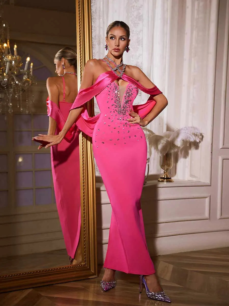 Hadley Halterneck Rhinestone Bandage Maxi Dress