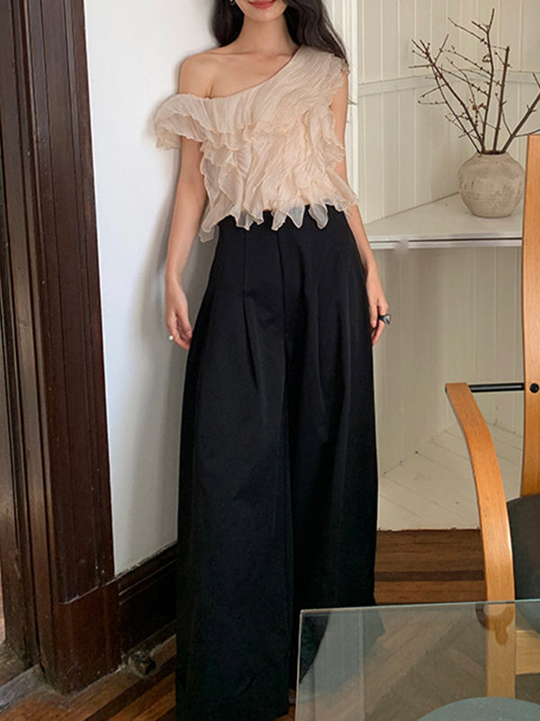 High Waisted Wide Leg Pleated Solid Color Casual Pants Bottoms Flared Trousers