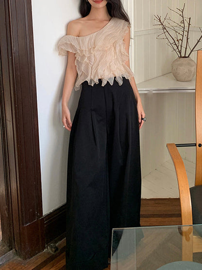 High Waisted Wide Leg Pleated Solid Color Casual Pants Bottoms Flared Trousers