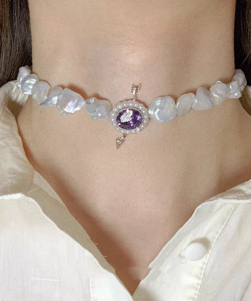 Classy White Alloy Crystal Asymmetric Pearl Gratuated Bead Necklace