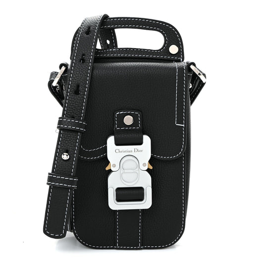 Grained Calfskin Vertical Saddle Pouch With Strap Black
