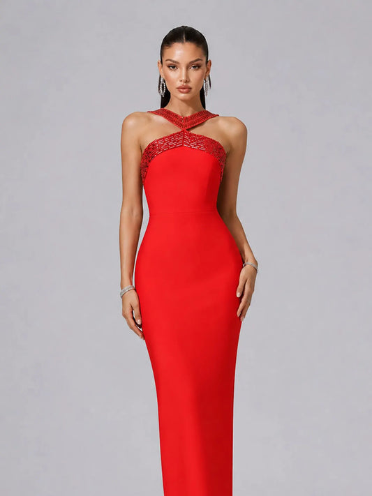 Nalani Chic Contour Halter Rhinestone Bandage Red Maxi Dress
