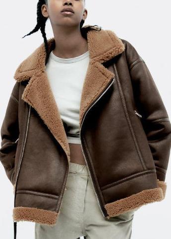 Lamb Fur Trimmed Faux Leather Aviator Jacket