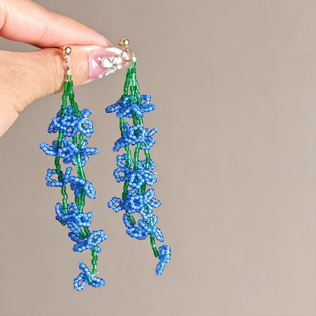 Earwish - Blue Beaded Iris Floral Earrings - Graceful &amp; Flowing