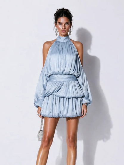 Harper Ruched Off-Shoulder Halter Mini Dress