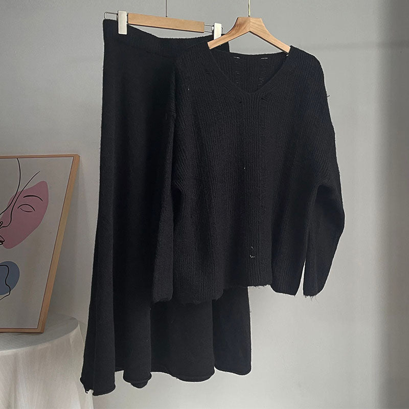 Solid Color Loose Knit Sweater Maxi Skirt Set