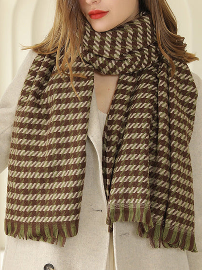 Fringed Houndstooth Keep Warm Shawl&Scarf