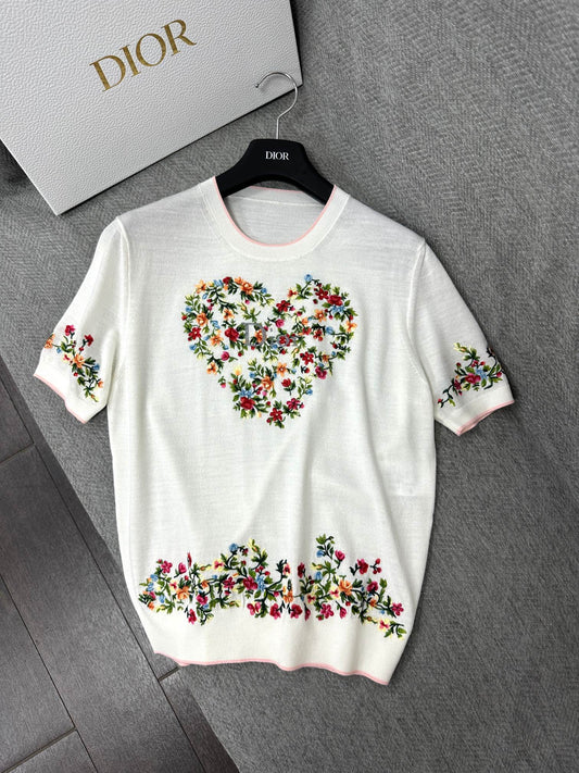 CD Dioramour Short-Sleeved Embroidered Sweater White Wool 349487