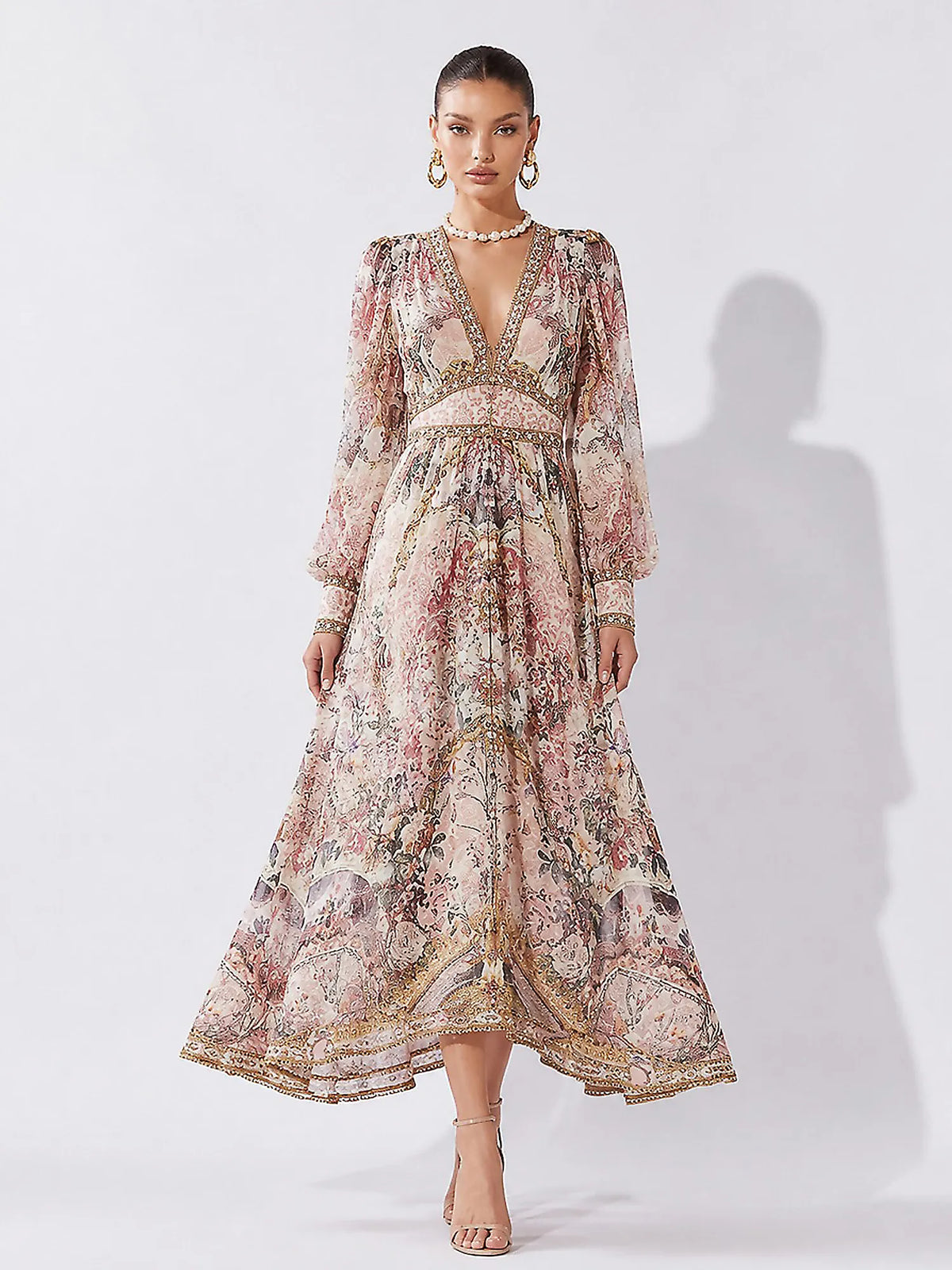 Acacia Vintage-Print Long-Sleeve Maxi Dress