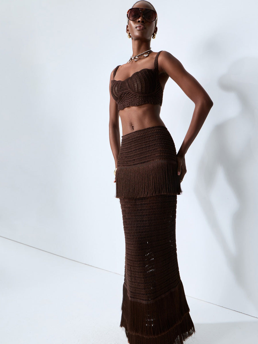 Julia Brown Crochet Knit Top & Fringe Skirt Set