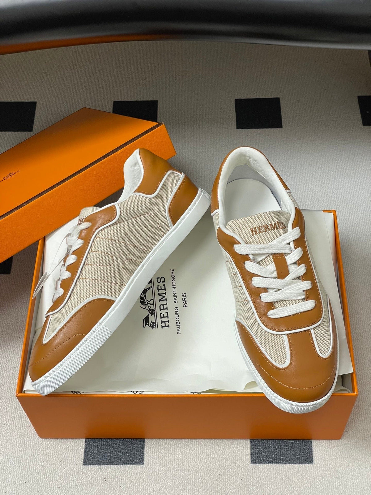 Hermes 26 Match Sneakers Brown Beige in Calfskin 594337