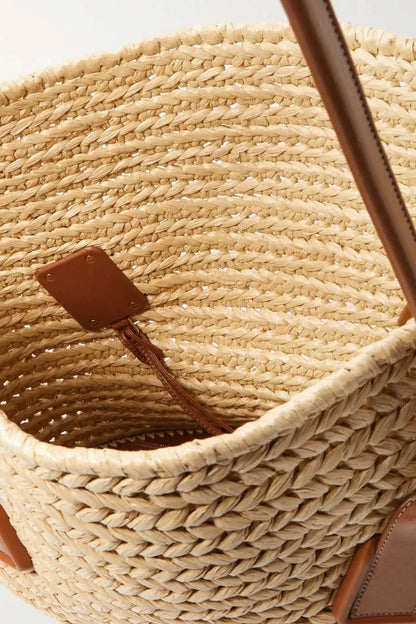 BOTTEGA VENETA Medium leather-trimmed raffia tote