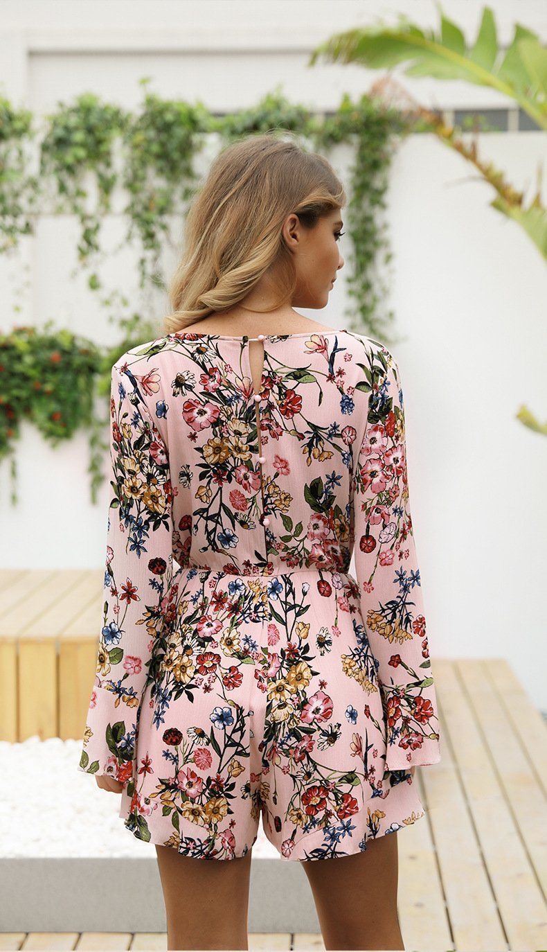 Floral Print V Neck Long Sleeve High Waist Rompers