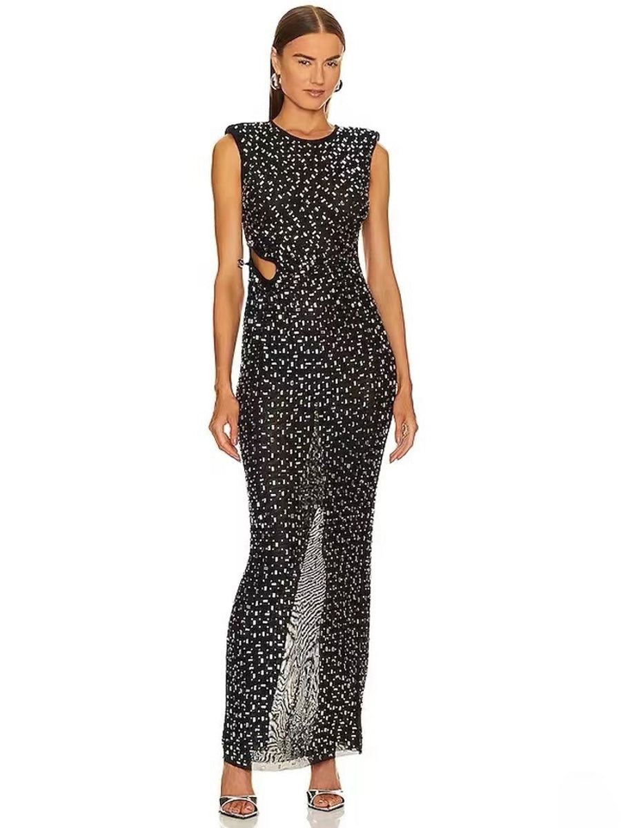 Milena Mesh Cutout Rhinestone Maxi Dress