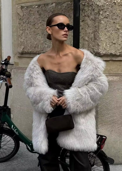 Three Quarter Faux Fur Coat White Luxury