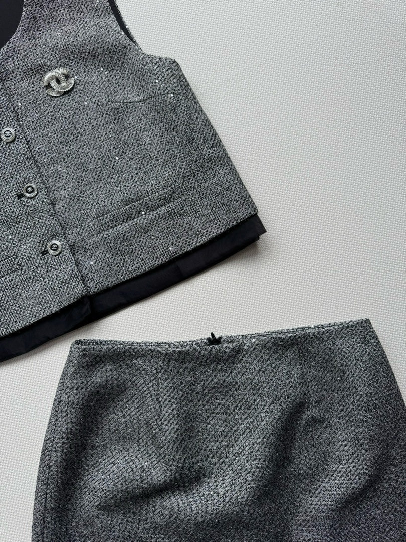 CC Vest & Line Skirt Set Grey Wool-Blend Tweed 352979