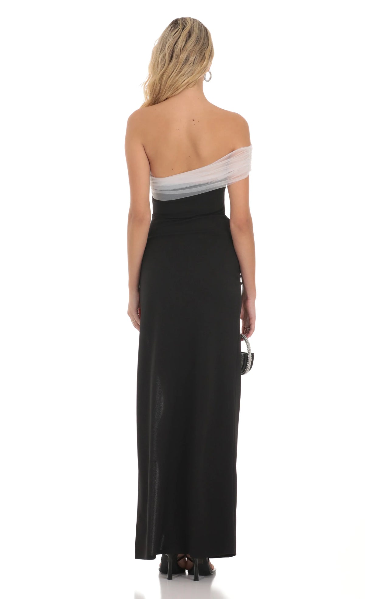 Off Shoulder Tulle Sleeve Maxi Dress in Black