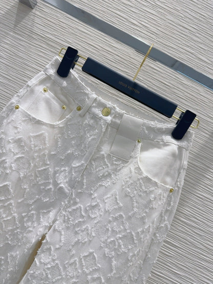 LV 25S Metal Pants Zipper Pants White Cotton