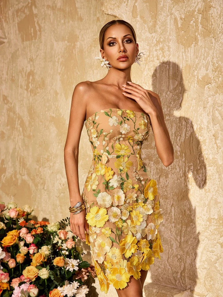 Alirio Strapless Embroidered Flower Mini Dress