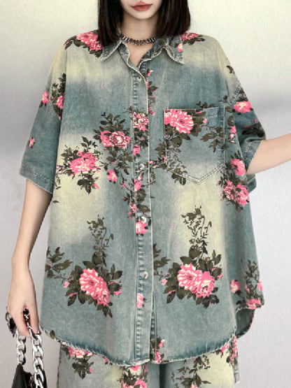 High-Low Loose Floral Printed Split-Joint Lapel Blouses&Shirts Tops