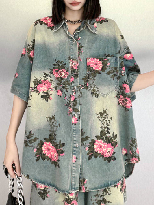 High-Low Loose Floral Printed Split-Joint Lapel Blouses&Shirts Tops
