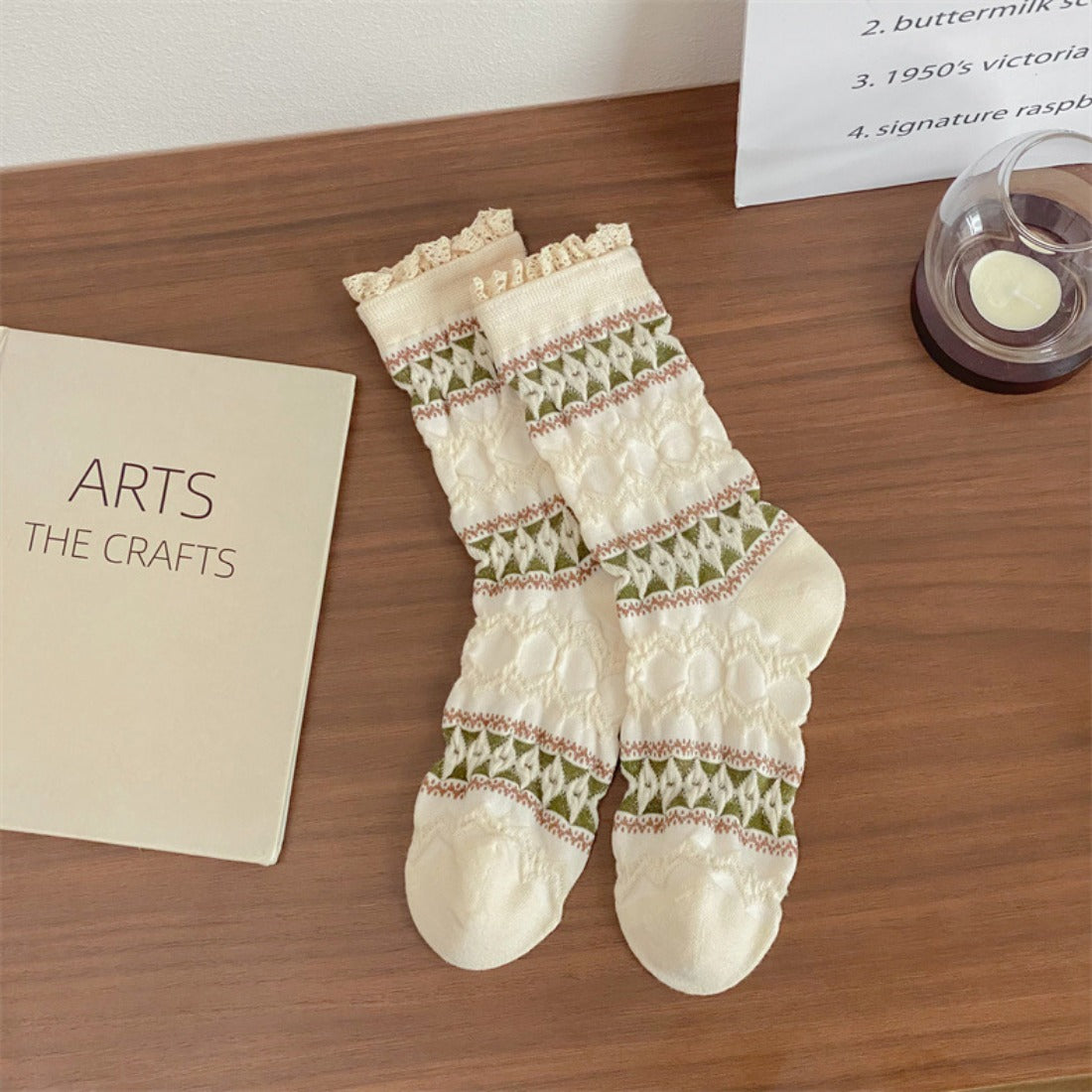 Rufia - Diamond Pattern Pleated Mid-Calf Socks