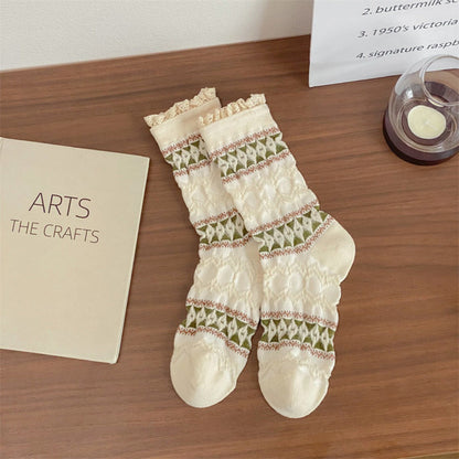 Rufia - Diamond Pattern Pleated Mid-Calf Socks
