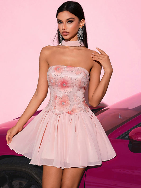 Kira Rhinestone-Embellished Halter-Neck Strapless Mini Dress