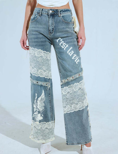 Lace Splicing Low Rise Straight Leg Jeans
